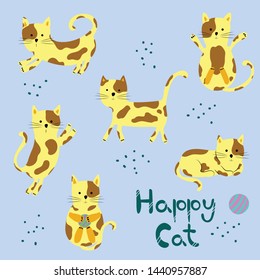 Cute and funny cartoon cat. Happy cat set. Great design for kids apparel, sticker, nursery decoration, patch or poster. Hand drawn vector illustration.
