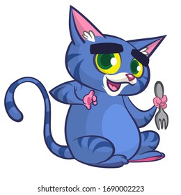 Cute and funny cartoon cat holding fork. Vector illustration