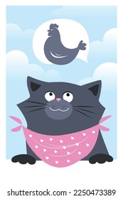 Cute funny cartoon cat thinking about chicken. Vector illustration
