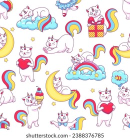 Cute funny cartoon caticorn seamless pattern of cat unicorn and rainbow, vector background. Happy caticorn pattern of kitty unicorn characters or kitten baby in magic dream of princess with love heart