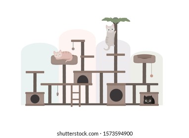 Cute funny cartoon cats on cat house. Stock vector illustration for cat cafe and animal shelter. Claw sharpener, claw point vector.