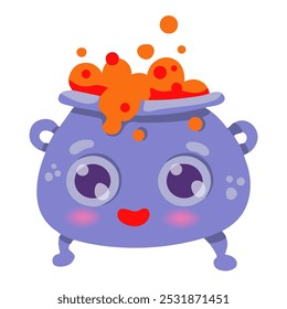 A cute funny cartoon cauldron with a magic potion isolated on a white background. The anthropomorphic cauldron smiles and looks with cute eyes. Vector illustration for Halloween