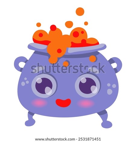 A cute funny cartoon cauldron with a magic potion isolated on a white background. The anthropomorphic cauldron smiles and looks with cute eyes. Vector illustration for Halloween