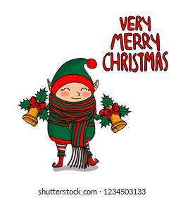 Cute funny cartoon character christmas elf with long scarf holding two handbells, isolated on white background, merry christmas lettering