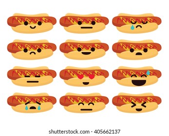 Cute funny cartoon character Hot Dog with eyes emotions set. Vector fast food illustration.
