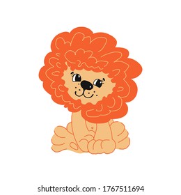 cute funny cartoon character lion. Flat design of a children s character in cartoon style. For children s items, postcards, t-shirt design, toys. Isolated on a white background. Vector illustration