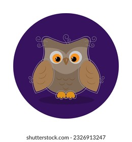 Cute funny cartoon character of owl. Vector flat illustration isolated on a dark blue background. Icon, postcard, sticker design.