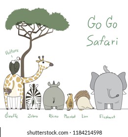 Cute and funny cartoon character of safari animals, childish style