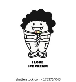 cute funny cartoon character vampire and the inscription I love ice cream.Funny Character handrawn in the style of Doodle.For children's posters,ice cream ads, and t-shirt designs.Vector illustration