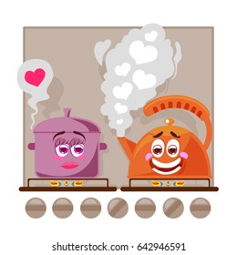 Cute and funny cartoon characters. Boiling love between a kettle and a pot characters. Vector cartoon illustration. 