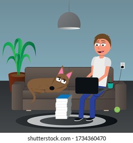 niedliche lustige Cartoon-Figuren, Mann zu Hause sitzen auf der Couch und arbeiten am Computer in Begleitung seines Hundes, Heimbüro-Konzept, Vektor-Illustration