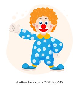 Clown mit lustigen Cartoons. Kinderkarte, Druck, bunte Illustration, Vektorgrafik