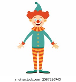 cute funny cartoon clown. Children's card, print, colorful illustration. Isolated on white background.Suitable for children's books, sticker,t shirt design, mascot, l Front view. Vector illustration. 