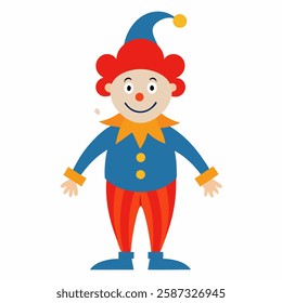 cute funny cartoon clown. Children's card, print, colorful illustration. Isolated on white background.Suitable for children's books, sticker,t shirt design, mascot, l Front view. Vector illustration. 