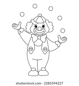 Cute funny cartoon clown juggler with balls. Sketch for children's coloring, line drawing, vector