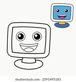 A cute and funny cartoon computer with a big, smiling face, exuding charm and cheerfulness, perfect for coloring with bright, fun colors!