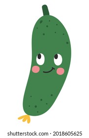 Cute and funny cartoon cucumber with face expression. Healthy food doodle vegetable vector illustration. Harvest object in flat style showing emotions. Ingredient for salad