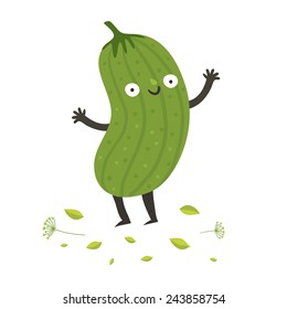 Cute funny cartoon cucumber. Smiling pickle character. Vector colorful illustration isolated on white in flat style