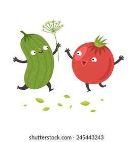 Cute funny cartoon cucumber and tomato are going to hug. Smiling vegetable characters. Vector colorful illustration isolated on white in flat style