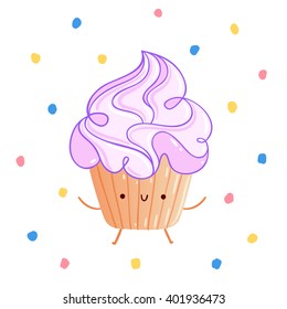 Cute and funny cartoon cupcake, vector illustration