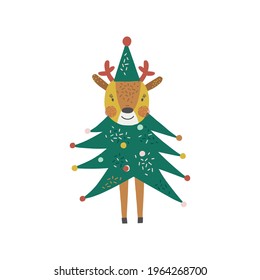 Cute funny cartoon deer dressed in Christmas tree costume vector illustration. Whimsy holly Xmas party fawn clipart for kids. Seasonal winter holidays animalistic graphic design