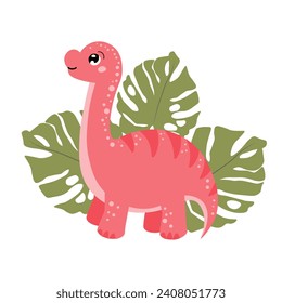 Cute funny cartoon dinosaur on a white background. Print, illustrtation, vector