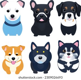 Cute funny cartoon dog, puppy, pet character, different buns doggy vector illustration