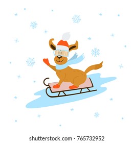 cute funny cartoon dog in santa hat and scarf sledding 