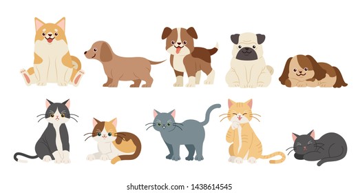 süße komische Cartoons-Hunde und Katzen auf weißem Hintergrund