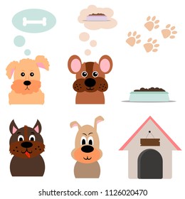 Cute funny cartoon dogs collection. Vector illustration of puppies with doghouse, food in bowl and traces.