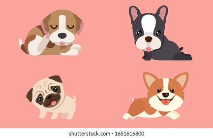 Cute funny cartoon dogs  puppy pet characters different breeds