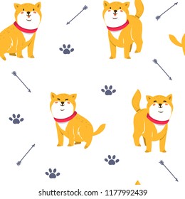 Cute funny cartoon dogs. Vector Shiba inu. Seamless pattern. Furry human friends. Home animal.