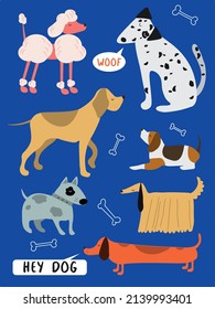 Cute funny cartoon dogs vector puppy pet characters different breads doggy illustration. Furry human friends home animals EPS