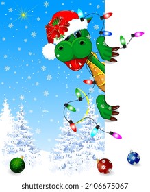 Cute funny cartoon dragon in the background of a winter snowy forest. Fairytale character. Green dinosaur.