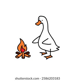 cute funny Cartoon Duck Sitting by a Campfire