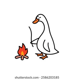 cute funny Cartoon Duck Sitting by a Campfire