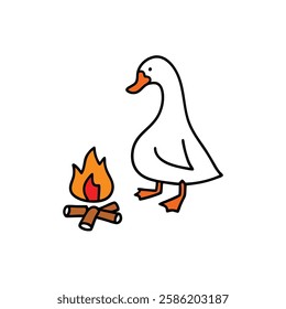 cute funny Cartoon Duck Sitting by a Campfire