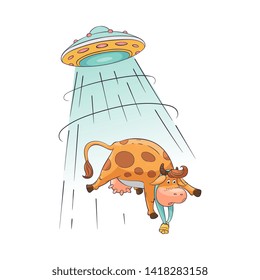 A cute and funny cartoon farm cow is abducted by aliens and UFO on a flying saucer, an animal character. A funny cow is flying in the air to the spacecraft. Flat isolated cartoon vector illustration.