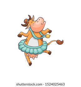Cute and funny cartoon farm cow with a bell dancing ballet in a tutu, animal character. Flat comic cartoon isolated vector illustration.