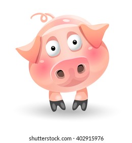 Cute funny cartoon fat pig character on white background. Vector illustration