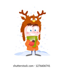 Cute and funny cartoon flat boy with winter funny deer hat, vector illustration of boy character