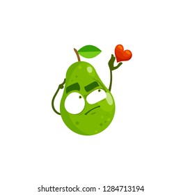 Cute and funny cartoon flat character of pear with heart, vector illustration isolated on white background