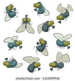 Cute & funny cartoon flies set (flying, seating, sleeping). Big googly eyes and a protruding proboscis. Vector illustration