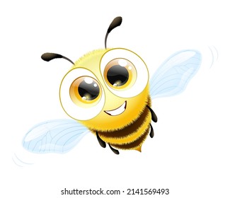 Cute funny cartoon  fluffy bee character.