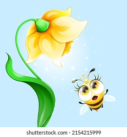 Cute funny cartoon fluffy cartoon bee queen with crown flies to the smell of the flower.