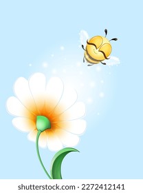 Cute funny cartoon fluffy bee flies under smelling chamomile flower.