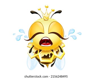 Cute funny cartoon fluffy crying bee queen character with crown.