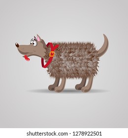 cute funny cartoon fluffy dog in a red collar