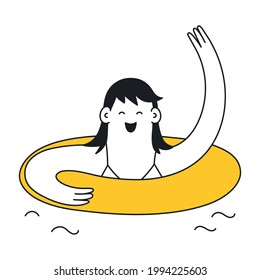 A cute funny cartoon girl is swimming in an inflatable ring. Thin-line elegant minimal vector illustration of vacation, leisure time, or pool party on white background.