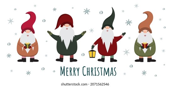 Cute funny cartoon gnomes in hats isolated on white background. Merry Christmas and Happy New year greeting card with gnomes. Nordic, scandinavian Christmas. Winter holiday illustration.